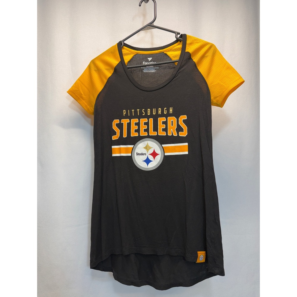 Pittsburgh Steelers Fanatics T-Shirt Womens XS Black Gold Mesh Raglan Scoop Neck